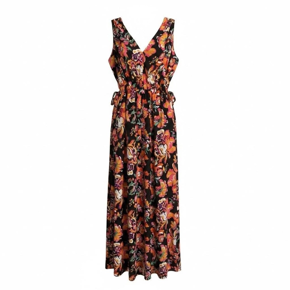 Thalia Sodi Maxi Sun Jumpsuit Women XS Black Multicolor Floral‎ V Neck Tie Waist